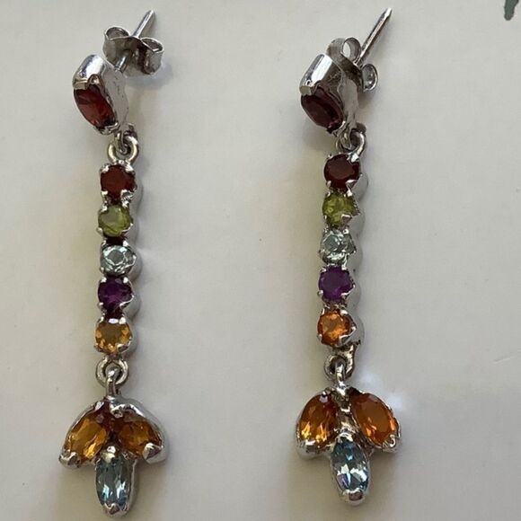 STERLING SILVER GEMS BLUE/GREEN/PURPLE MULTISTONES STUD EARRINGS - Picture 4 of 8